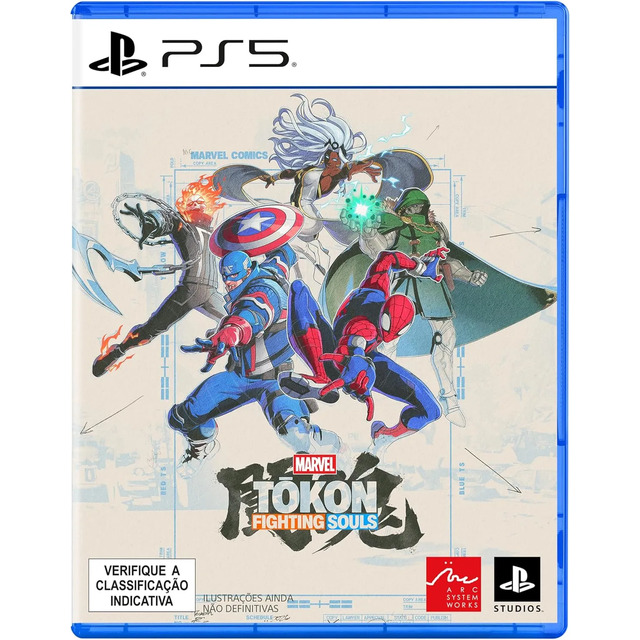 Capa frontal do jogo Marvel Tokon Fighting Souls para PlayStation 5, exibindo ilustrações dos personagens Homem-Aranha, Capitão América, Tempestade e Doutor Destino em estilo de arte de quadrinhos.