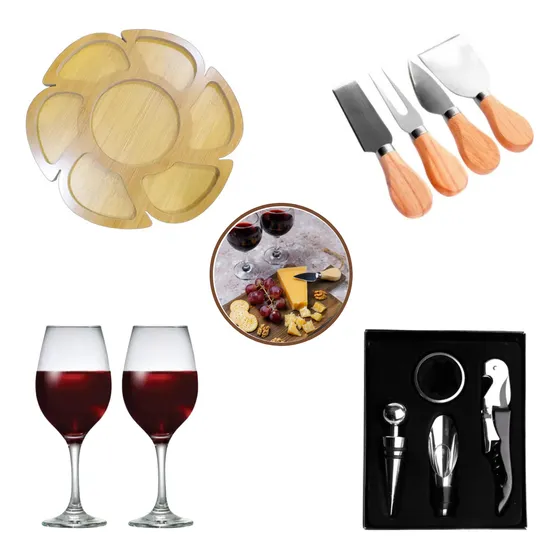 Kit Vinho C/ 2 Taças + 4 Facas Queijo + Petisqueira Madeira 