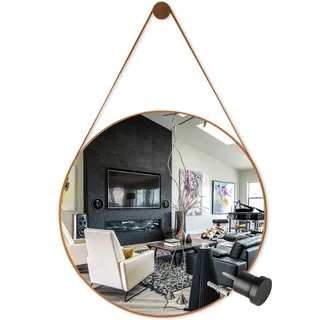 Espelho De Banheiro Decorativo Redondo 60cm C/ Alça De Couro Espelho De Banheiro Decorativo Redondo 60cm C/ Alça De Couro