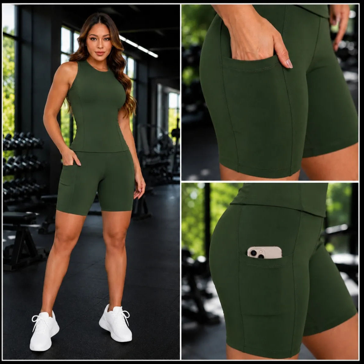 Conjunto Fitness Feminino Regata E Bermuda Bolso Corrida