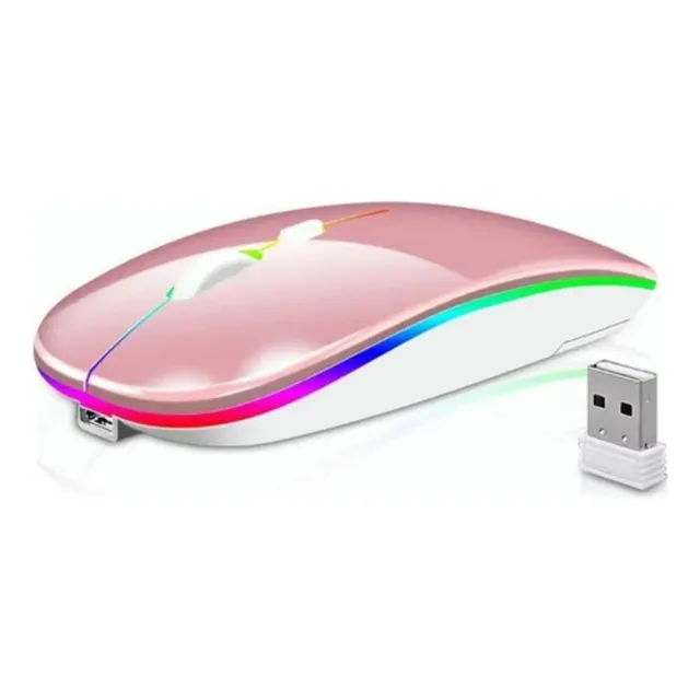 Mouse Dual: Inalambrico + Bluetooth Bateria Recargable Luces Color Rosa