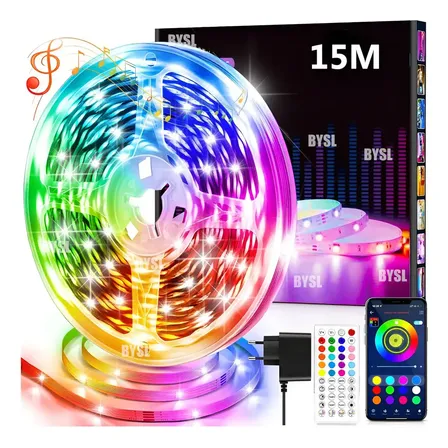 Fita de LED BYSL 15 m com Bluetooth e Controlo Remoto para Decoração