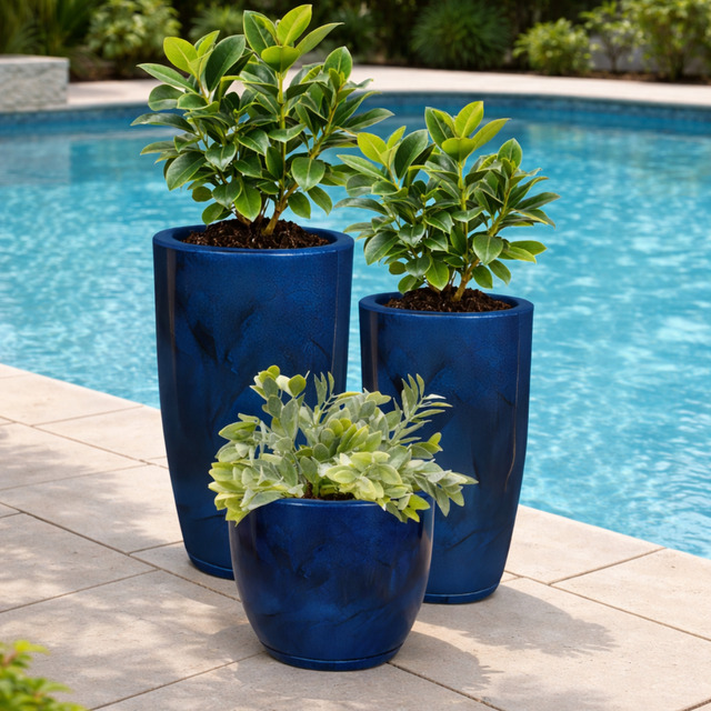 Kit Com 3 Vasos Coluna Redonda Marmorizada Decorativo Flor