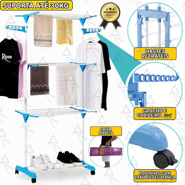 Varal De Chão Inox Grande De Roupas 3 Andares Dobrável Cor Azul Rishon 175 Cm