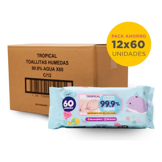 Toallitas Húmedas Tropical 99,9% De Agua Caja 12x60un