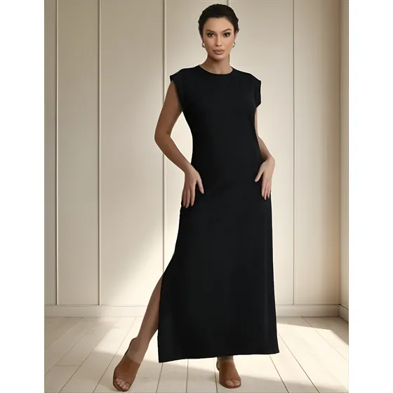 Vestido Moletinho C/ Elastano Fendas No Lados E Bolsos 4042