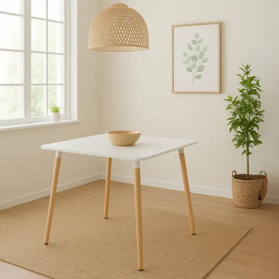 Mesa De Comedor Eames 70 X 70 Madera Nordica Bar Resto Full Tapa Blanco Patas Natural