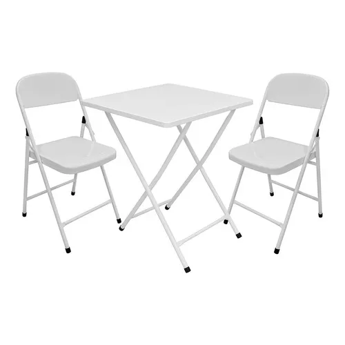 Conjunto De Mesa De Bar C/ 2 Cadeiras Dobráveis Em Aço Ferro Cor Branco