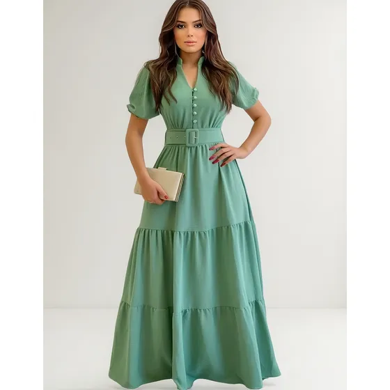 Vestido Feminino Longo Com Cinto Detalhe Decote Em Botões