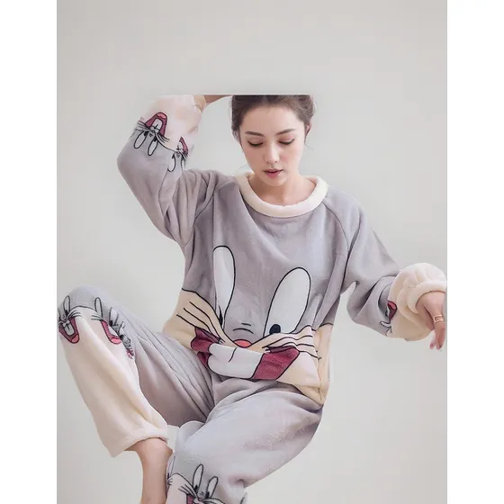 Pijama Polar Coral Mujer Invierno Cálido Engrosamiento Plus