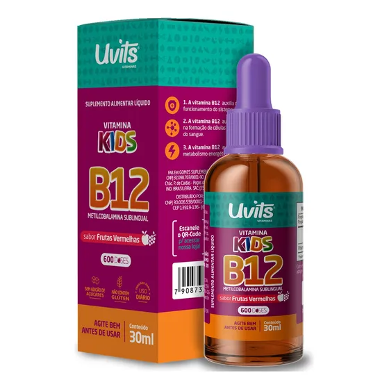 Vitamina B12 Kids Liquida Sublingual 30ml - Uvits Sabor Frutas Vermelhas