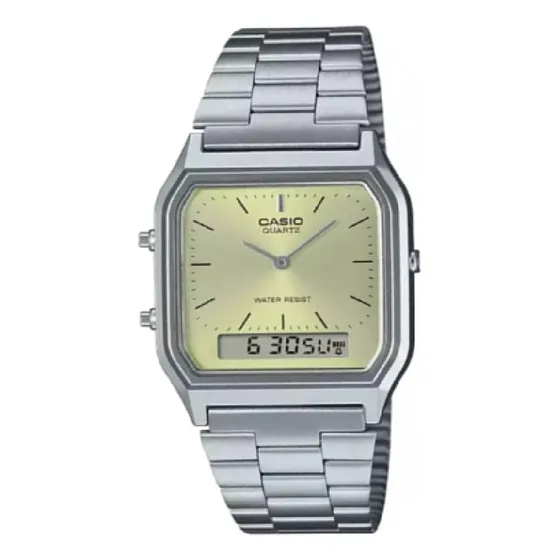 Reloj Casio Dorado Aq-230a-9a Análogo Digital Acero Retro Malla Plateado Bisel Plateado Fondo Amarillo