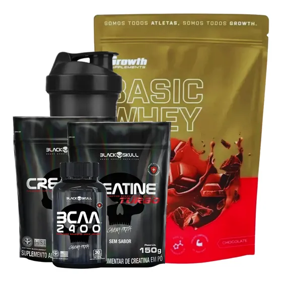 Kit Whey Basic Growth Creatina Bcaa Black Skull Coqueteleira
