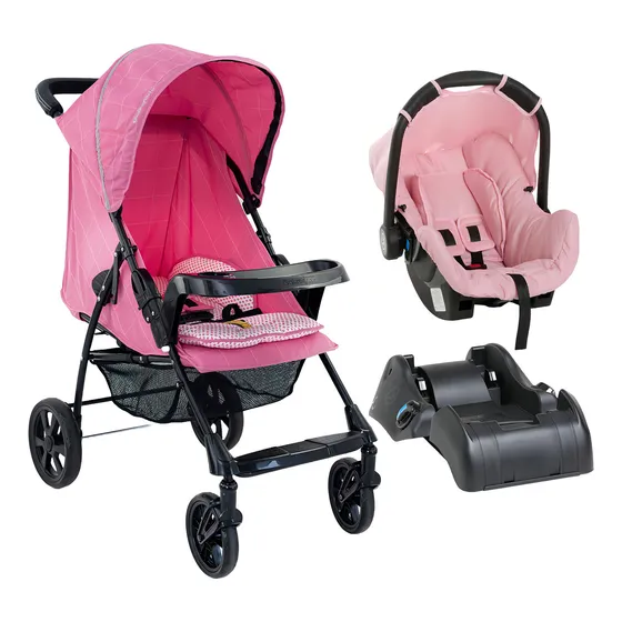 Carrinho De Bebê Romano Bebê Conforto Grid Rosa E Base