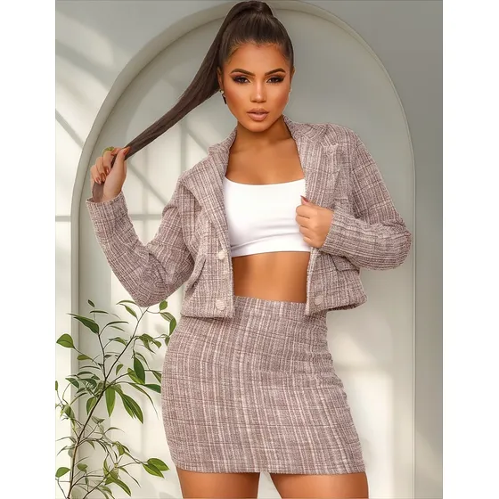 Conjunto Tweed Casaco Saia Trabalho Linha Luxo Elegante