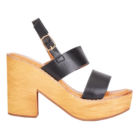 Sandalias Plataforma Comoda Ecocuero Negro Goma Simil Madera