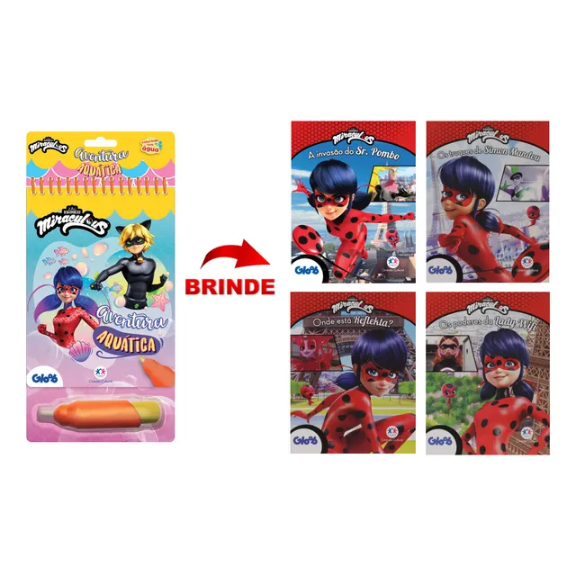 Coleção - Livro De Colorir Com Água - Aquabook Miraculous Ladybug Aventura Aquática - Mais Um Kit Com 4 Minilivros De Brinde Da Ladybug