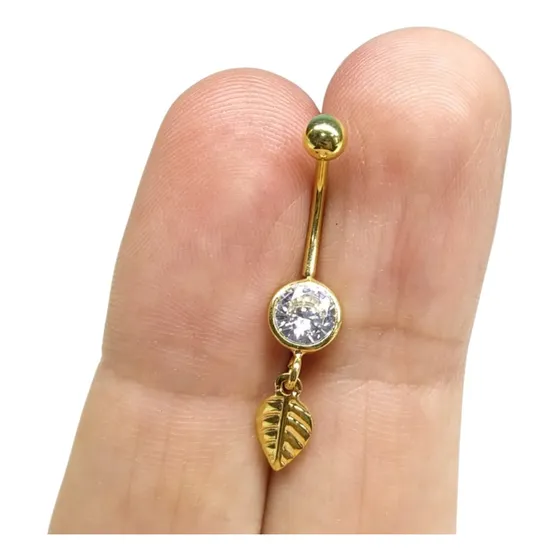 Piercing Umbigo Folheado Pedra 6mm Com Pingente Folha