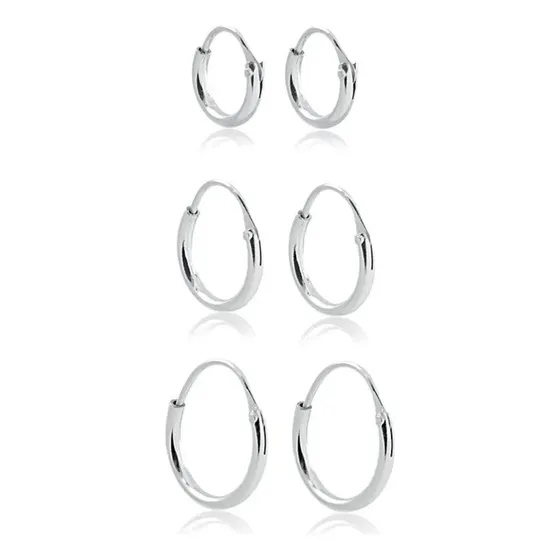 Kit Trio Argolas Redondas Prata 925 10mm/12mm/14mm