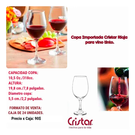 Copa Importada Cristar Vino Tinto Rioja. Caja 24 Unidades