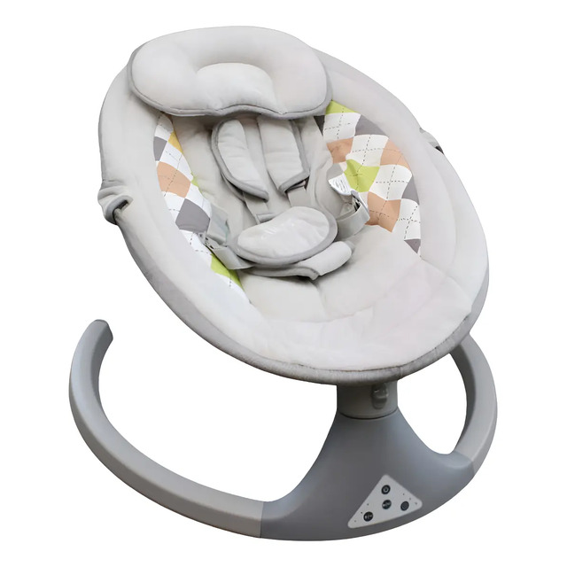Cadeira de balanço automática para bebê modelo Happyful da marca Clingo na cor cinza com estofado interno estampado e base cinza escuro