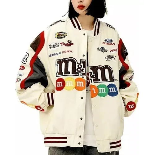 Chaqueta Moto Hip Hop De Uniform Béisbol Bordado Parejas M&m