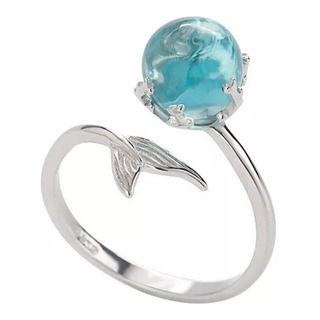 Anillo Ajustable Cola De Sirena Y Gota De Océano Plata 925 Anillo Ajustable Cola De Sirena Y Gota De Océano Plata 925