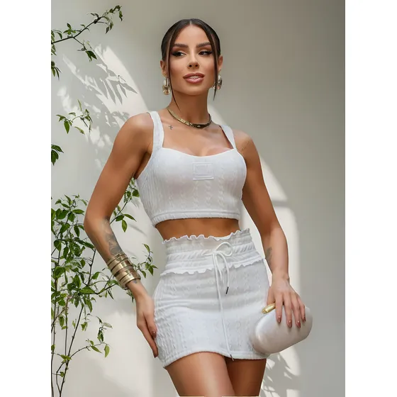 Conjunto Cropped E Short Saia Tricot Maria Gueixa Off White