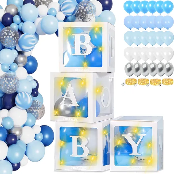 Baby Shower Caja Globo Caja Decoración Para Fiestas Led Letras Bebés Cajas De Cartón Para Transparente Azul TUSROSA BLUE--2