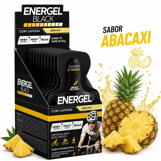 Energel Black Bodyaction 10 Sachês 30g - Gel Energético com Cafeína, Taurina e Whey Sabor Abacaxi