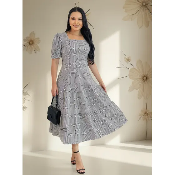 Vestido Moda Evangélica Estampado Com Cinto Detalhe 2 Marias
