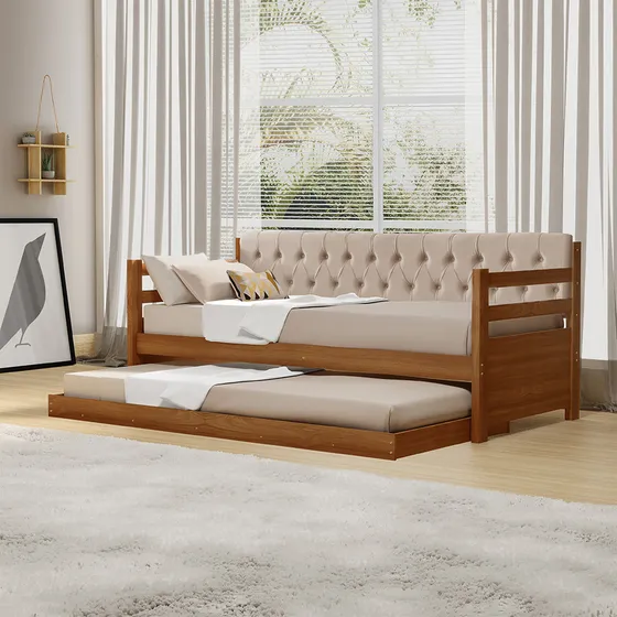 Sofá Cama Solteiro Resistente Verona Encosto Capitonê Veludo Bege+cama Auxiliar Cor Estrutura Castanho \ veludo bege