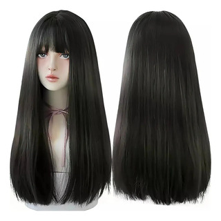 Aa Peluca Con Flequillo Natural De Cabello Negro Largo Y Aa Peluca Con Flequillo Natural De Cabello Negro Largo Y