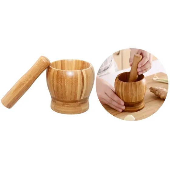 Mortero Madera Bambu Moler Machacador Pison Cocina Especias