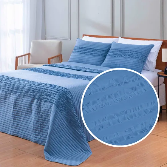 Cobre Leito Babadinho Queen 3 Pçs 300 Fios Colcha Dupla Face Cor Azul Babadinhos