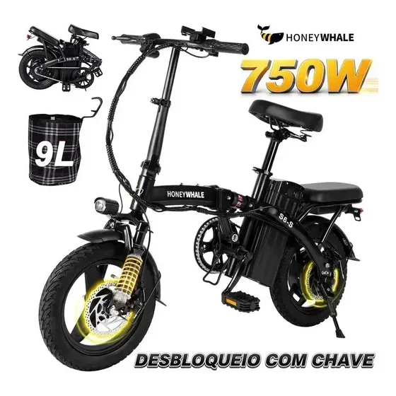 Honeywhale S6-s Bicicleta Elétrica Adulto, 750w-40km-35km/h-125kg, Scooter-Ebike-velocidade-autonomia-carga-fat-de-dobrável, Bike Com Sistema De Freios A Disco, Faróis Dianteiros, Honey Whale Preto