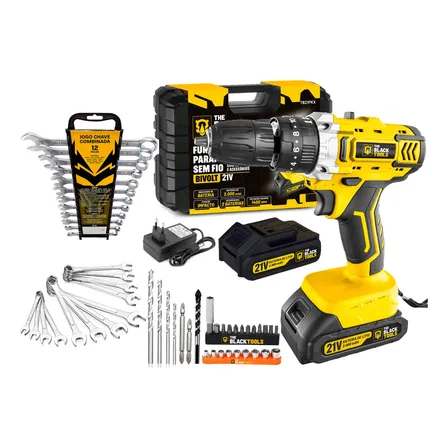 Furadeira Parafusadeira Impacto S/ Fio 21v + Kit 22 Peças Amarelo 127/220v
