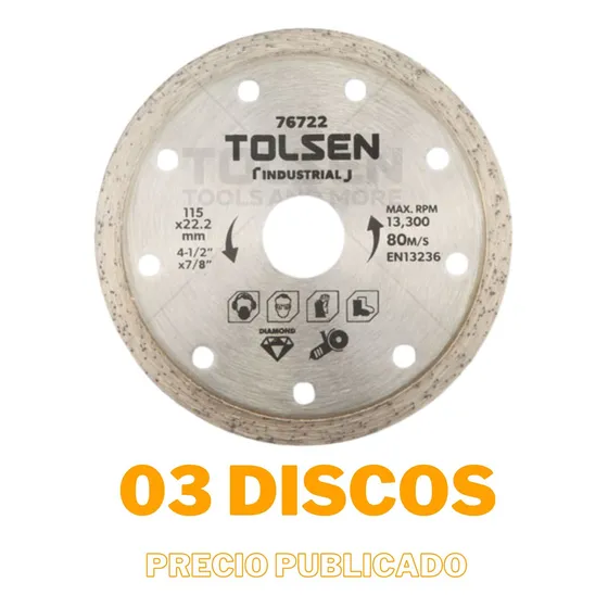 3 Disco Diamantado De 4-1/2  Continuo, Tolsen