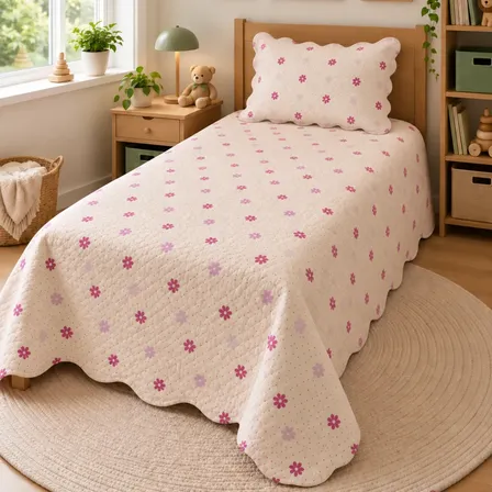 Kit Cobre Leito Solteiro Colcha 2 Peça Dupla Face Masculino Estampa Floral Rosa