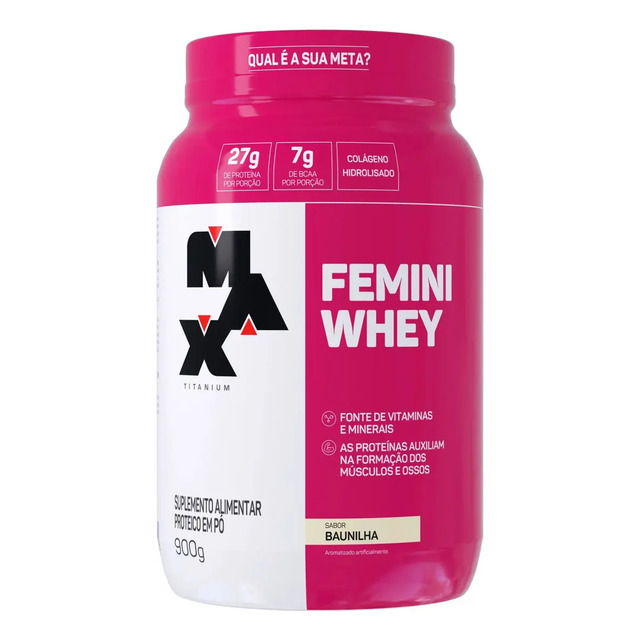 Femini Whey Protein Sabor Baunilha Pote 900g Suplemento Academia Max Titanium Femini Whey Protein Sabor Baunilha Pote 900g Suplemento Academia Max Titanium