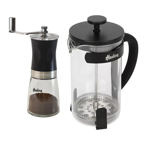 Kit Cafetera Prensa Francesa Negra 600ml + Molinillo Manual