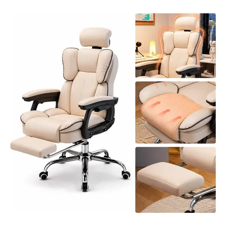 Silla Gamer Beige Con Reposapiés  Cabecera Cómoda Ergonómica Blanco Cuero