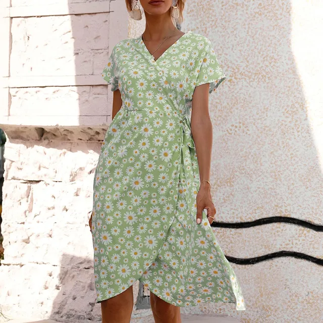 Dama Neck Short Sleeve Dress Ruffle Split Hem Mini Swing