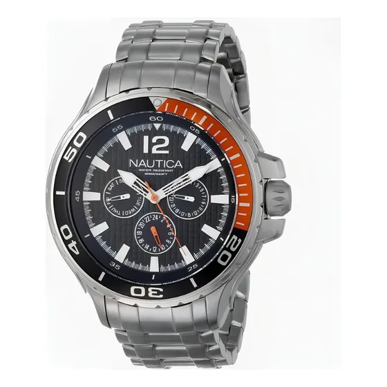 Relogio Nautica N22617g Masculino Multifuncional Aço Inox Bisel Preto E Laranja Fundo Preto