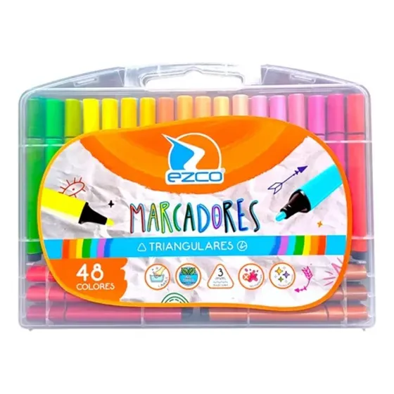 Marcadores Triangulares Ezco Estuche Plastico X 48 Colores