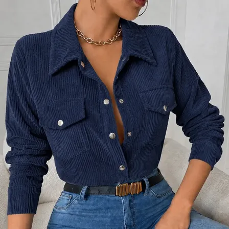 Camisa Feminina Veludo Cotelê Manga Longa Botões Moda Casual Azul-marinho Cotelê G