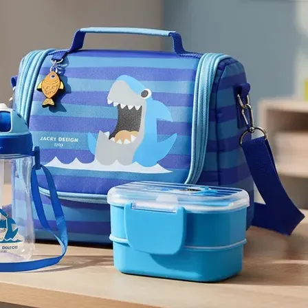 Lancheira Bolsa Térmica Infantil Escolar Marmita Garrafinha Cor Azul - Tubarão