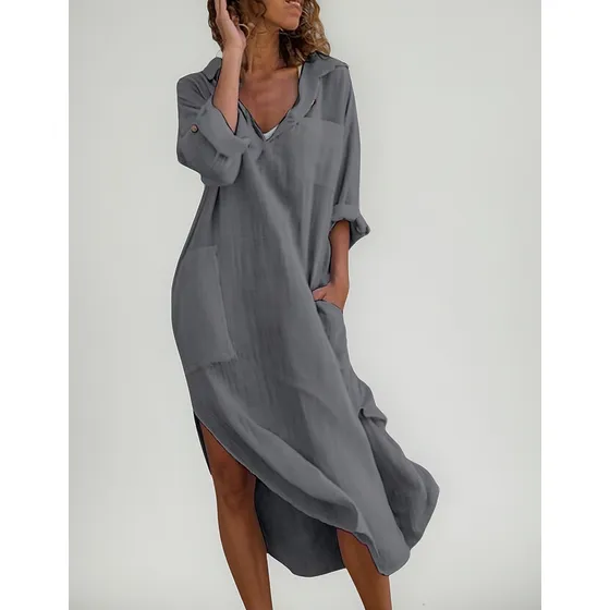 Camisa Feminina Casual De Algodão E Linho Longa Cor Sólida