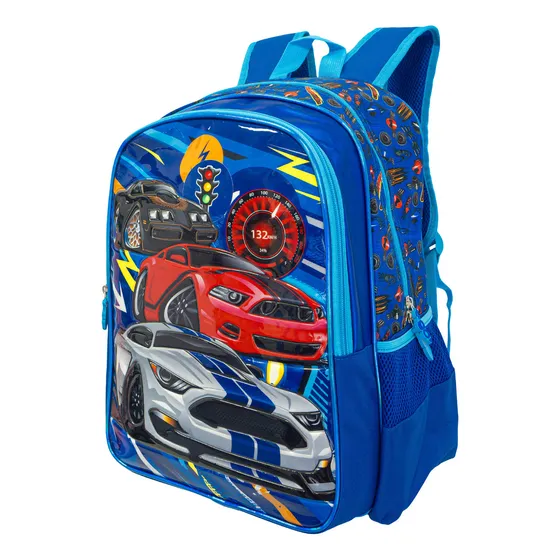Mochilas Escolar Reforzada 3 Bolsillos Nene Varon Primaria Color Azul Diseño De La Tela Autos