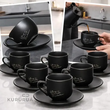 Jogo 6 Xícaras Café Cerâmica Preta Manhattan 90ml Jhamba Com Pires Preto Marca Kururuá